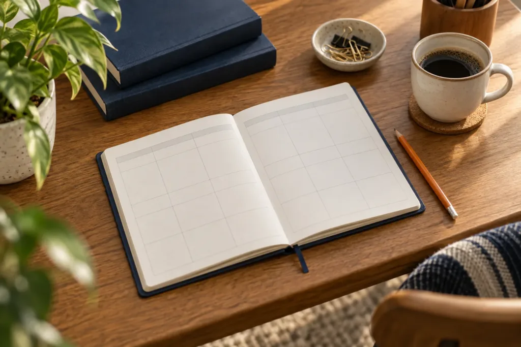 Agenda aberta e materiais organizados em uma mesa de estudos.