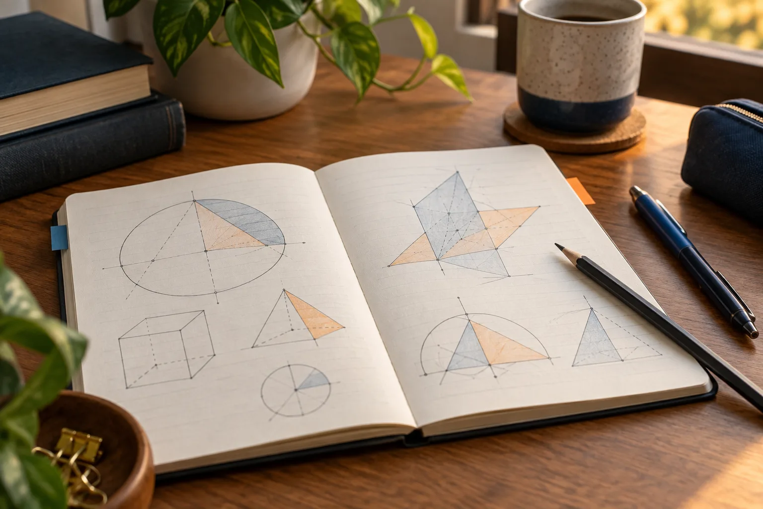 Caderno aberto com diagramas e marcadores para uma sessão de revisão.